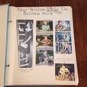 Vintage Scrapbook Album 1950s? Ephemera Clippings Blue 19 Pages History School